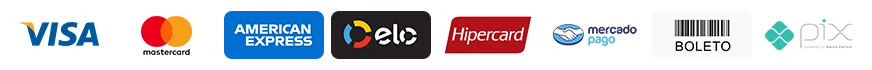 Formas de pagamento: Visa, Mastercard, Pix, Boleto, Elo, Hipercard, American Express, Mercado Pago